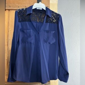 Express Portofino Slim Fit Navy Lace Blouse | Size M